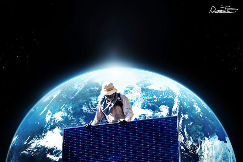 A man installing a solar panel in space